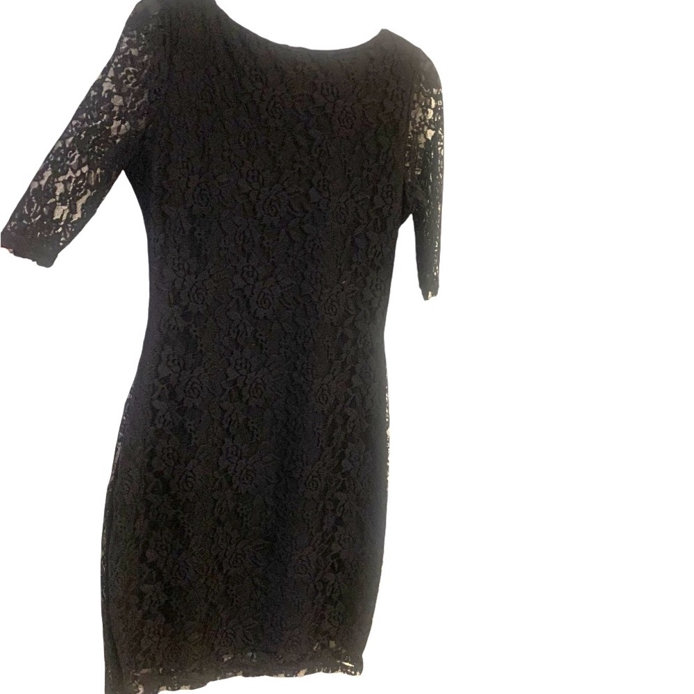 Black Lace Boat Neck 3/4 Sleeve Pencil Dress Stretch Lined Women’s Size L